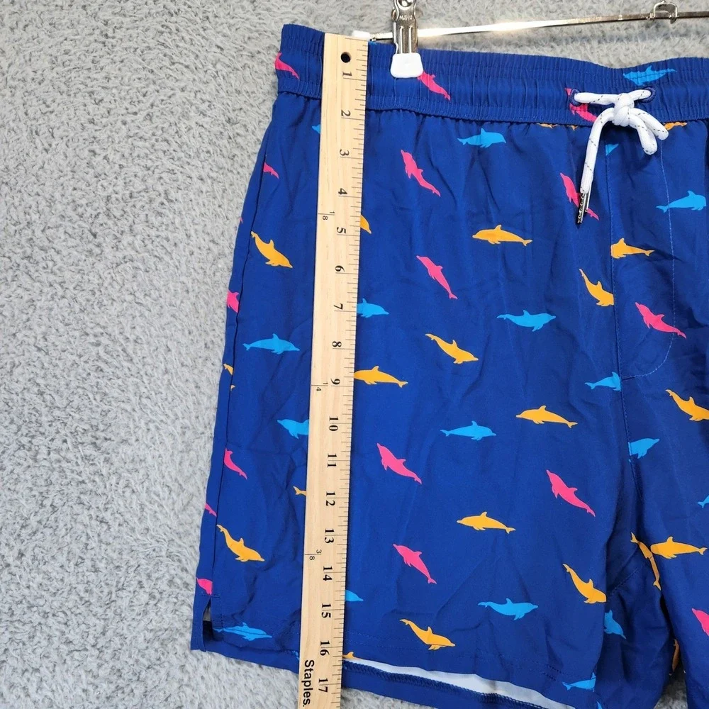 BRISIRA Swim Shorts Mens 38 2XL Blue Dolphin Print Stretch Drawstring Pocket NWT